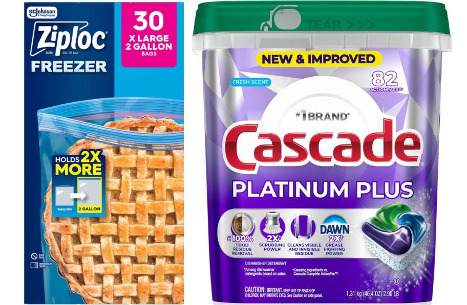 a bucket of dishwasher tabs and a box of freezer bags