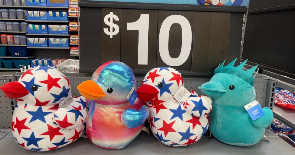 Patriotic and colorful duck plush on display inside Walmart store