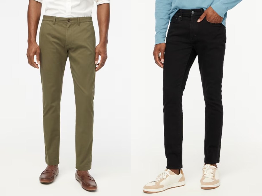 image of the lower half of 2 men one is wearing olive green dress pants and the other is wearing dark blue jeans