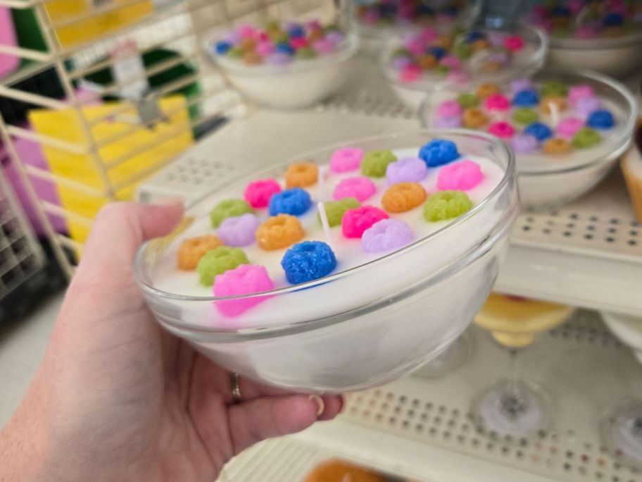 A candle that looks like a bowl full of milk with cereal