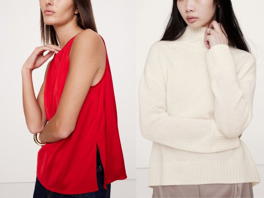 two women wearing Banana Republic tops, one in red and one in white cashmere 