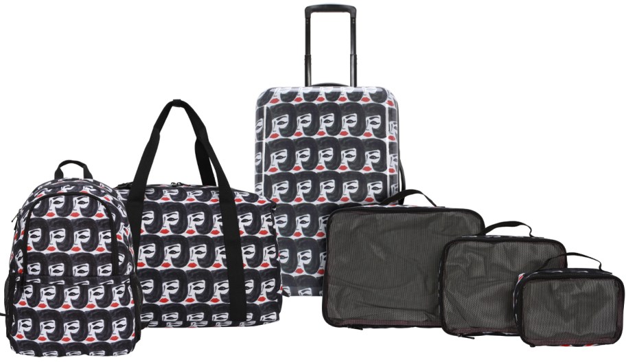 Bouffants Broken Hearts 6-Piece Luggage Set on display in black print