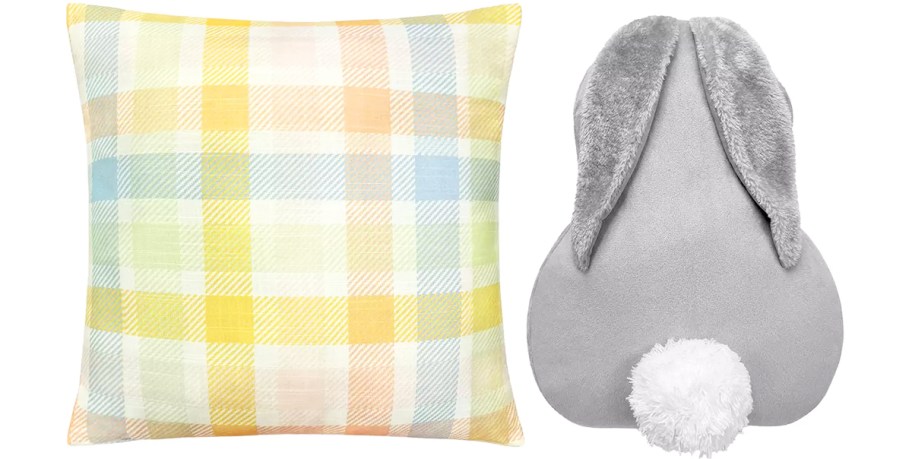 pastel plaid print and grey bunny throw pillows