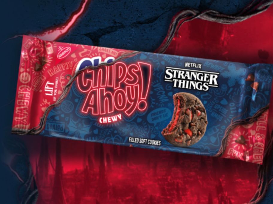 A bag of Chips Ahoy cookies with a dark blue and blood red motif surrounding it 