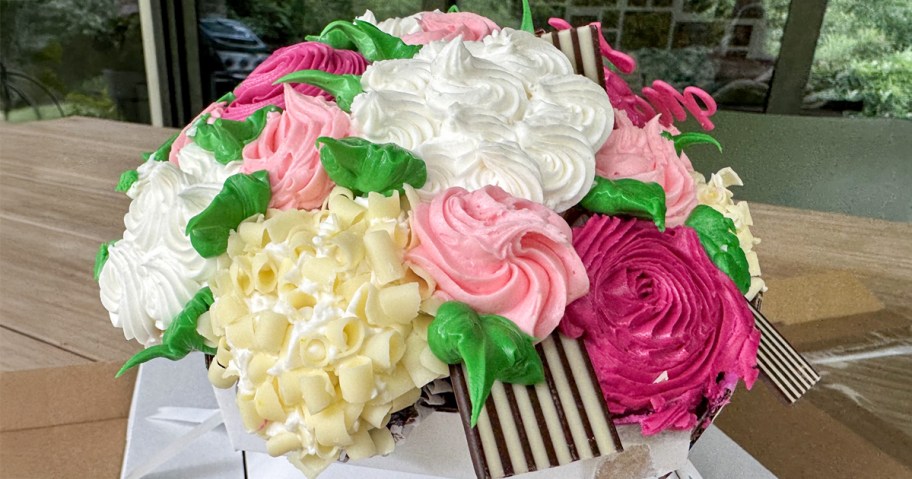 Cupcake Bouquet from Walmart sitting on a table