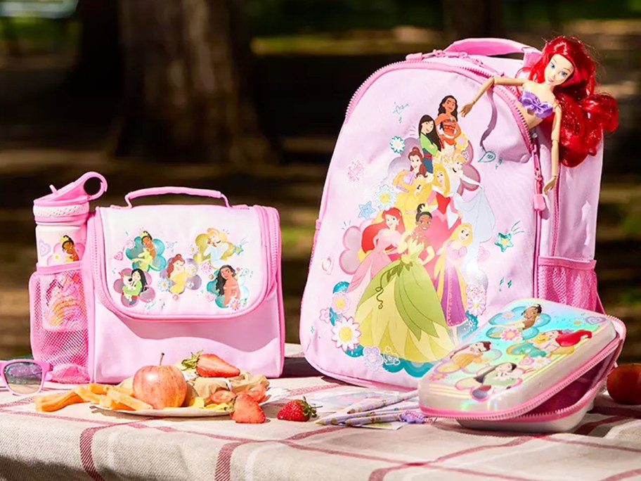matching pink disney princess lunchbox, backpack, and water bottle