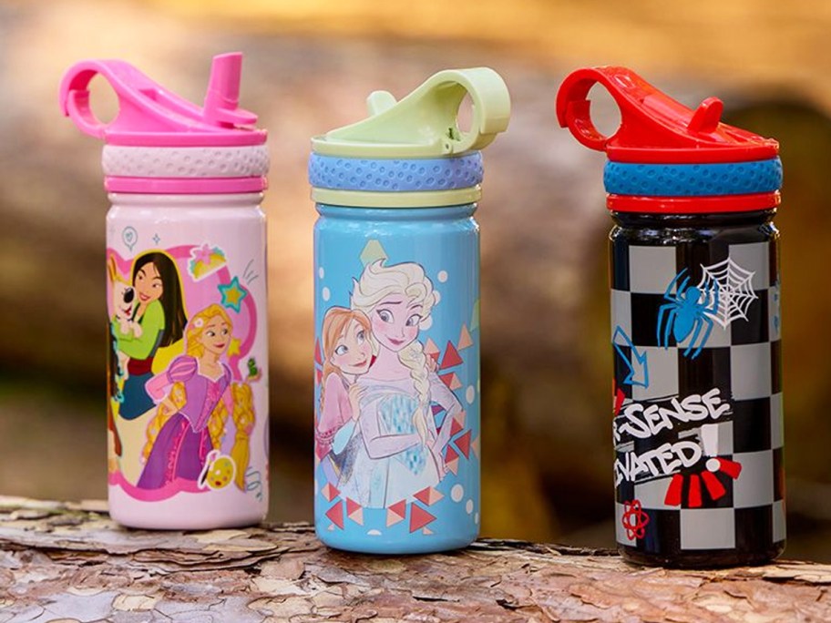 disney princess, frozen, and spider-man themed water bottles