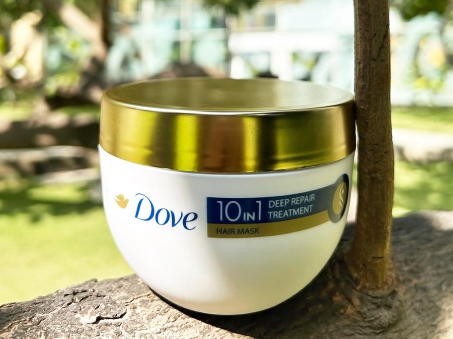 white and gold jar of dove hair mask
