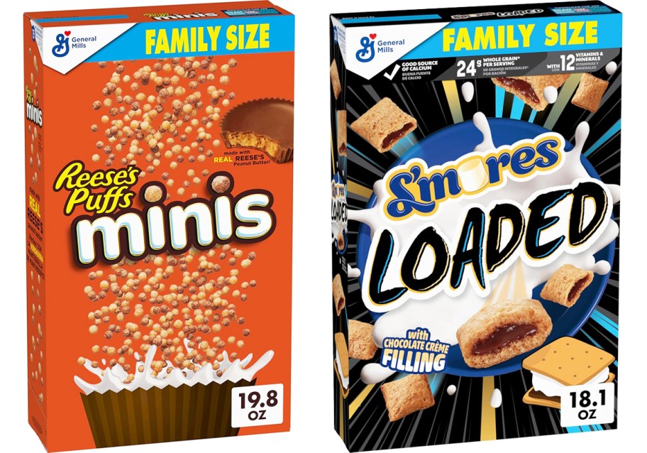 boxes of Reese's Puffs Minis and S'mores Loaded cereals