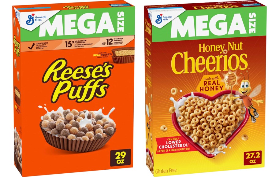 boxes of Reese's Puffs and Honey Nut Cheerios cereals