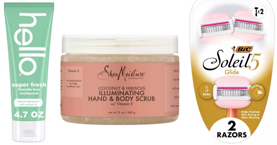 a tube of hello toothpaste, a container of SheaMoisture hand and body scrub and a pack of Bic Soleil razors