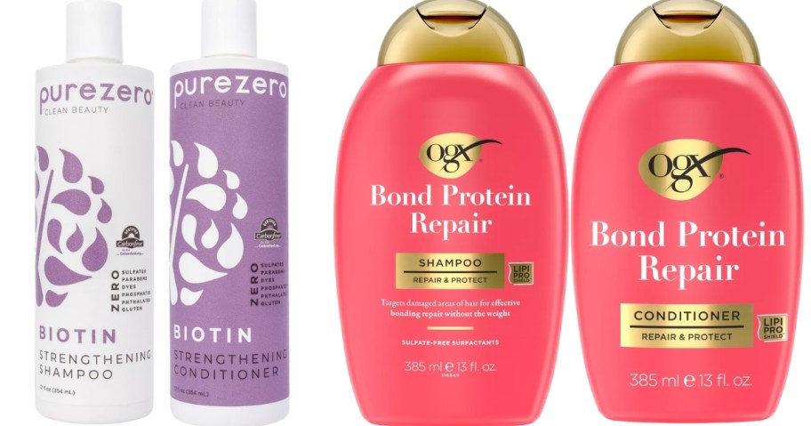 bottles of Purezero Shampoo & Conditioner and OGX Shampoo & Conditioner