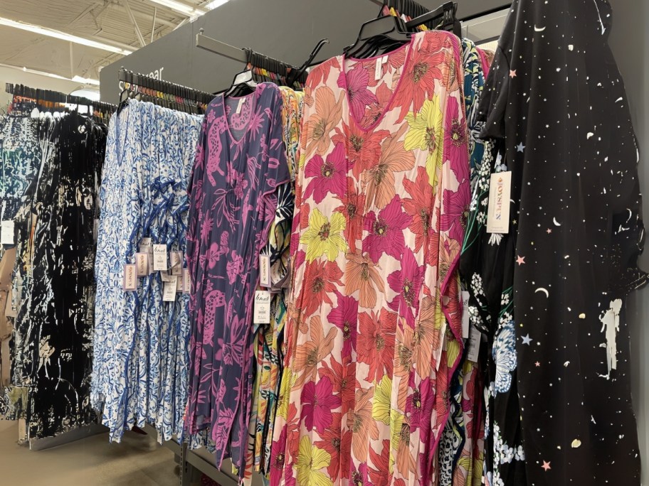 women's patterned woven caftan style nightgowns displayed in Walmart