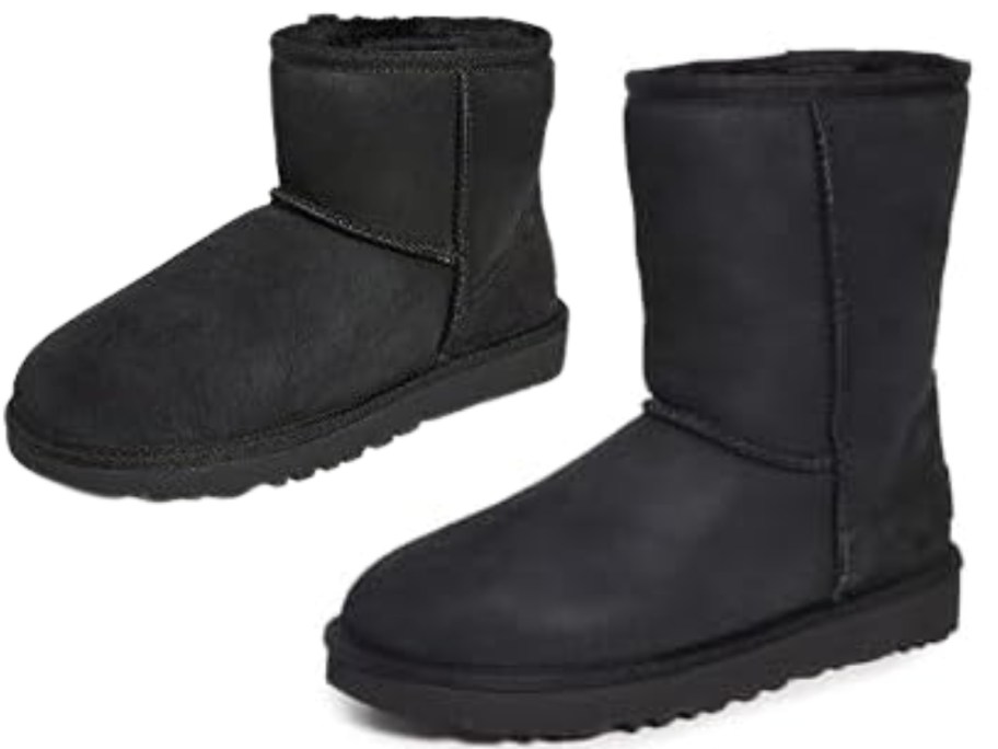 a black UGG mini boot and a black UGG boot