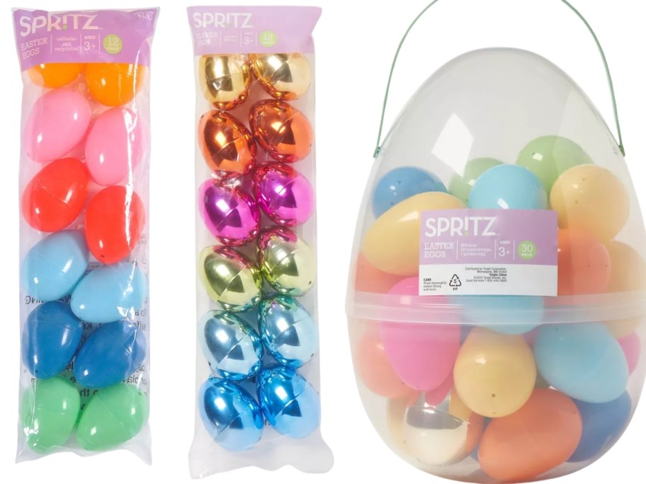 2 packs of plastic Easter eggs and a large clear plastic Easter egg with smaller eggs in it