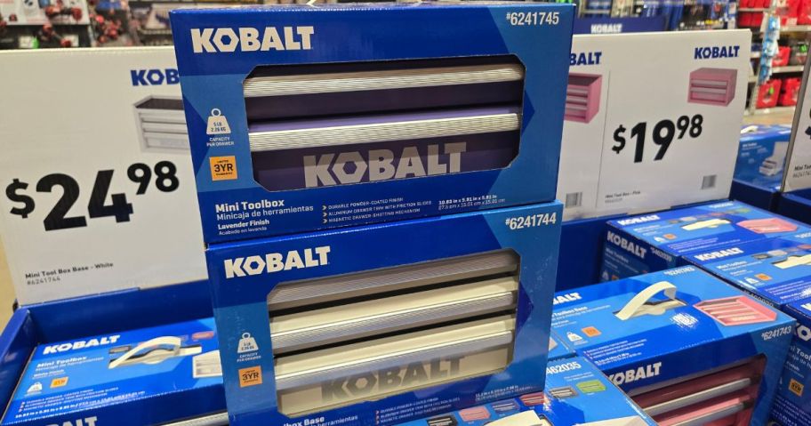 A purple Kobalt Mini Tool Box on top of a silver one