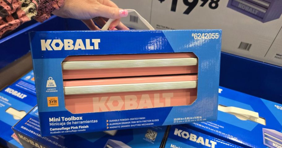 A person holding a Kobalt Mini Tool Box in pink