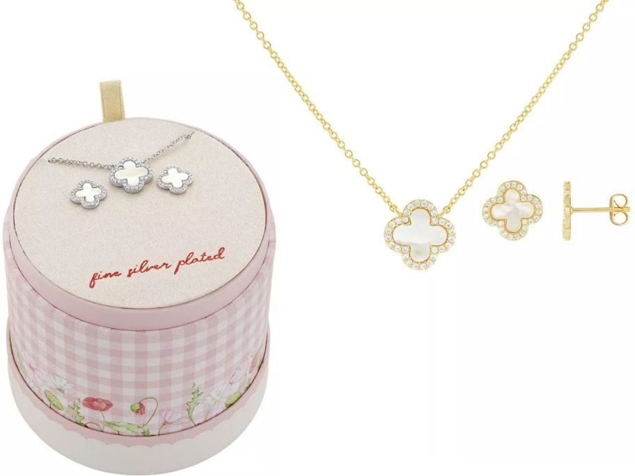 Stock images of two mother of pearl jewelery sets with a necklace and stud earrings