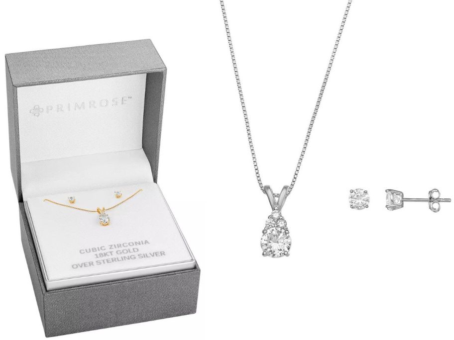 Stock images of two Primrose Teardrop Pendant & Stud Earring Sets