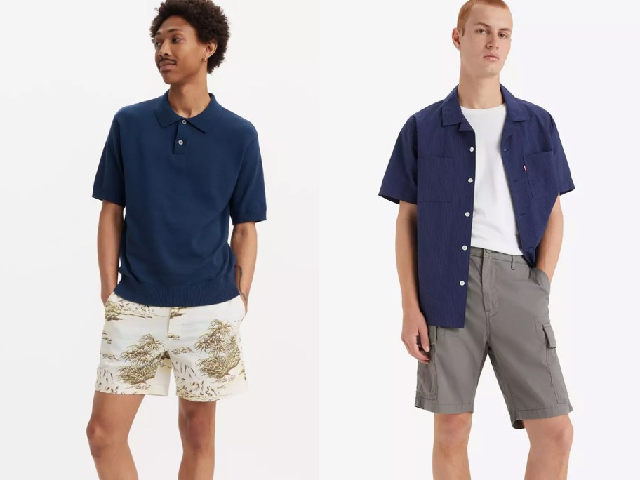 Men wearing Levi’s XX Chino Authentic 6" shorts with a navy polo and Levi’s Carrier Cargo 9.5" shorts with a navy short-sleeve shirt.