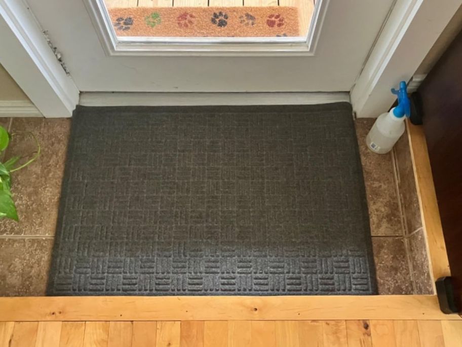A grey doormat in front of a door 