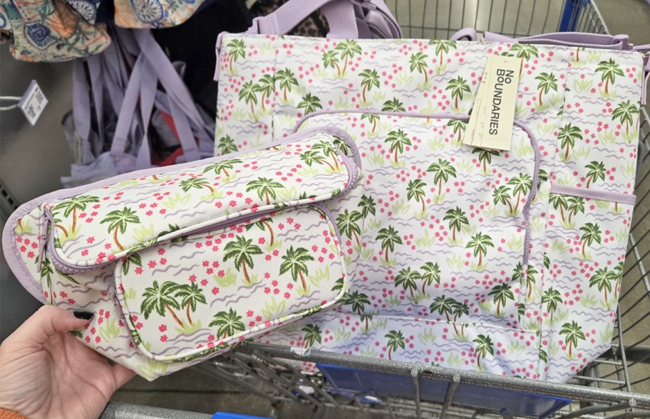 palm tree print cooler tote bags in shopping cart