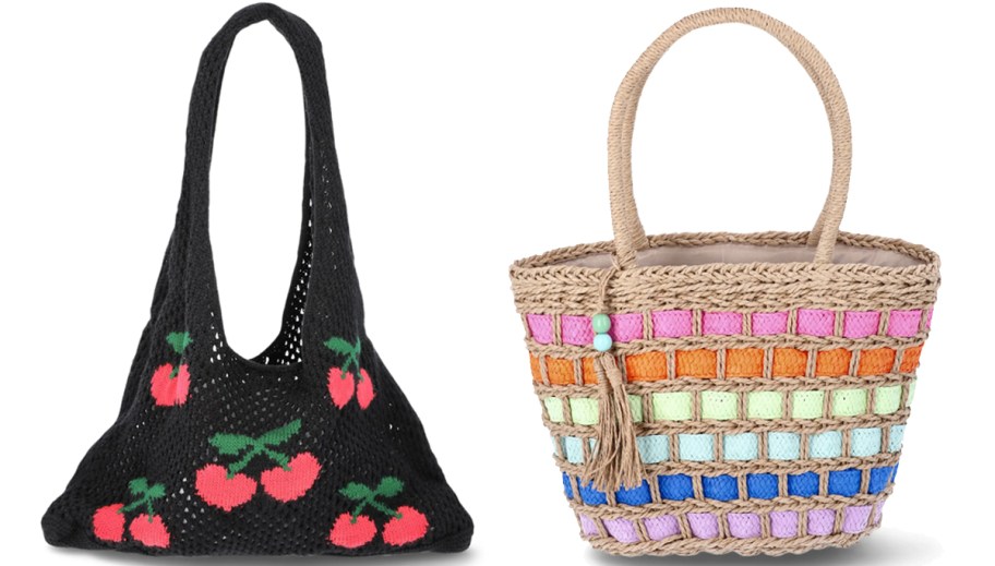cherry print crochet bag and rainbow beach tote