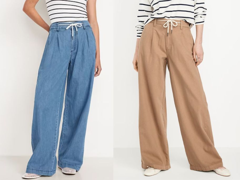 2 women wearing Old Navy High-Waisted Super Wide-Leg Drapey Pants