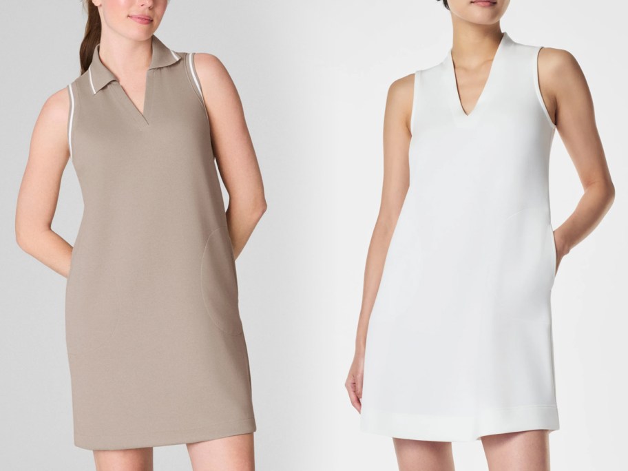 SPANX AirEssentials Pique Polo Tank Dress and V-Neck Mini Dress on models