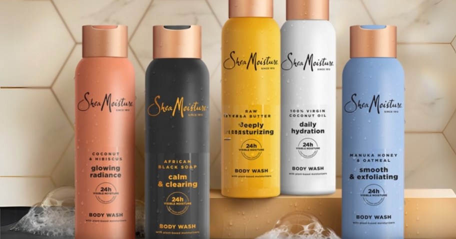 five bottles of sheamoisture body wash in different scents on display