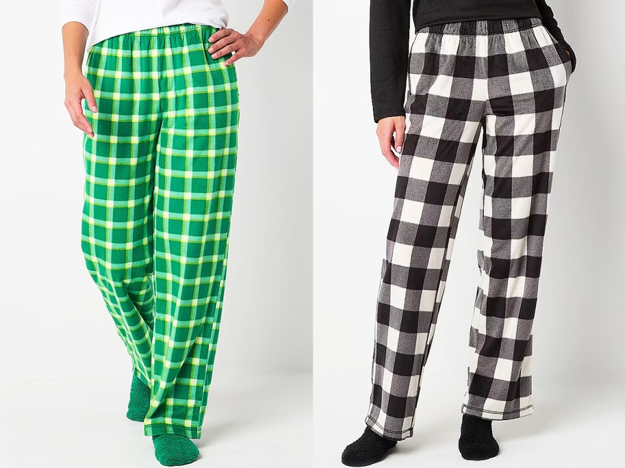 two women in green and black plaid pajama pants with fuzzy socks