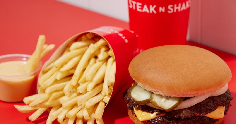 burger and fries from Steak N shake with dippign sauce