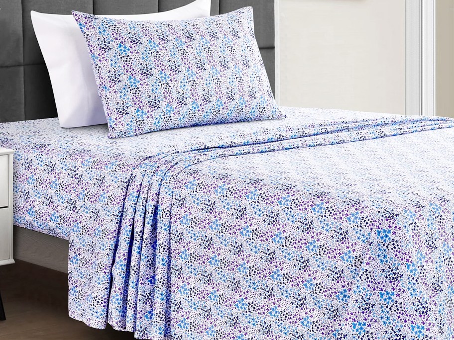 blue sheet set on bed with matching pillow case