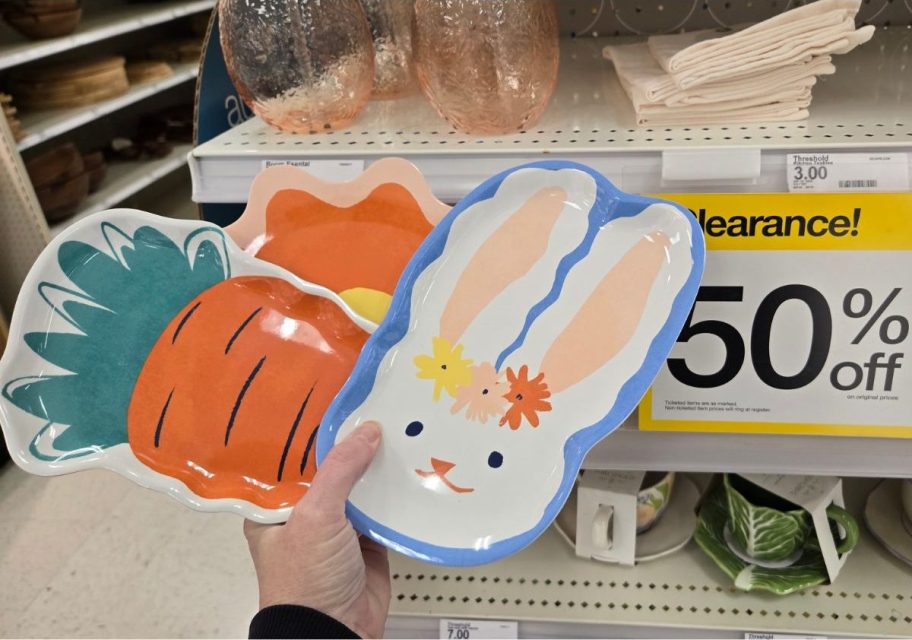 Hand holding 3 Room Essentials Melamine Easter Figural Plates