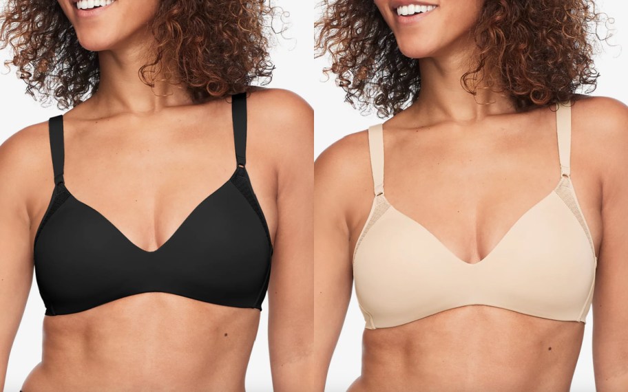 Models wearing warren bras in black and beige 