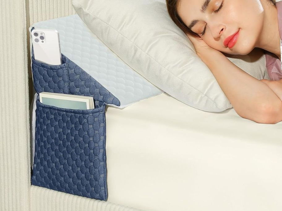 A woman sleeping in a bed with a wedge pillow