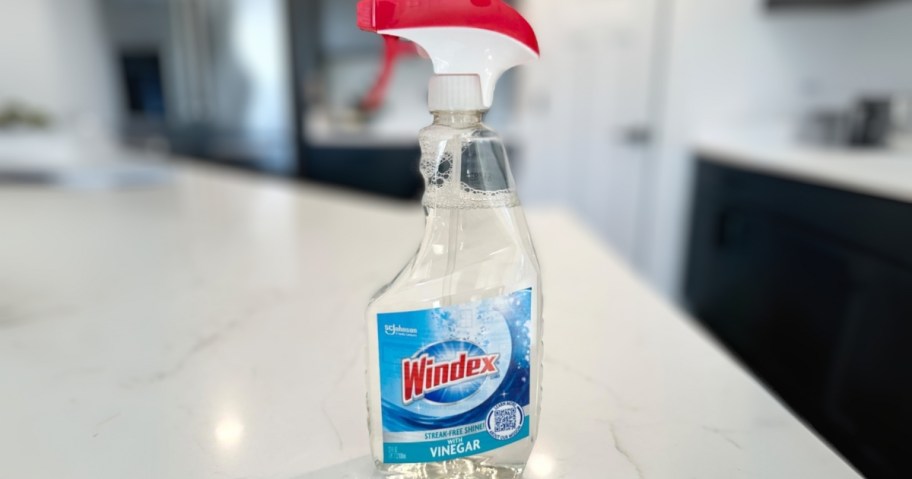 windex vinegar glass cleaner spray bottle on kitchen countertop