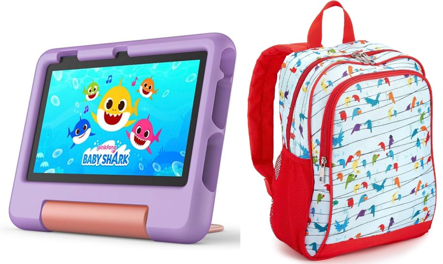 purple fire tablet and red packback with birds 