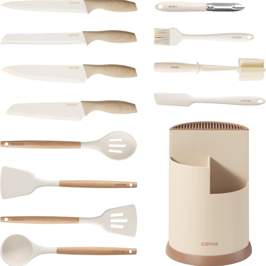 a cream color knife block and utensil holder and several kitchen utensils