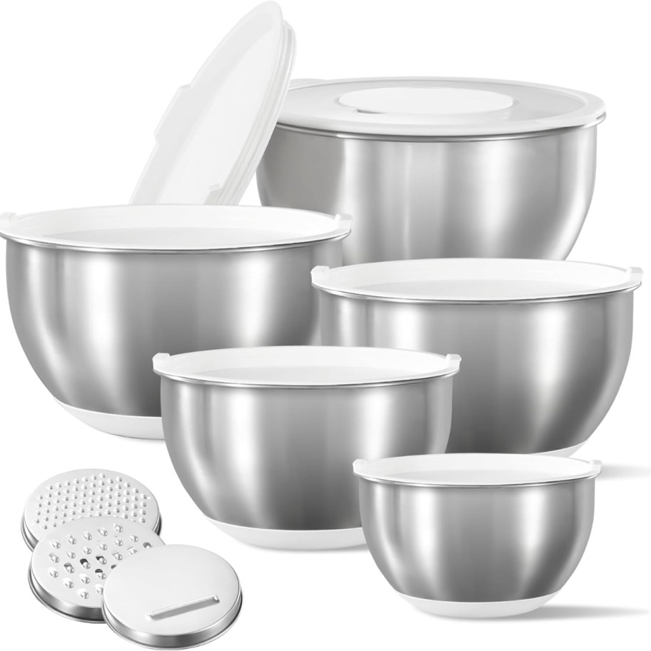 a set of stainless steel mixing bowls and lids