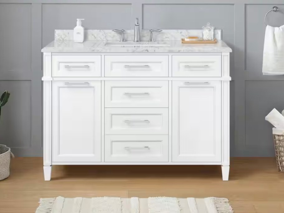 white bath vanity with marble top 