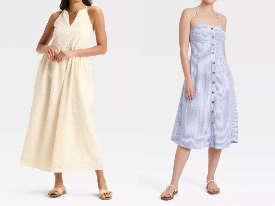 two women wearing universal thread dresses in beige and blue and white stripes