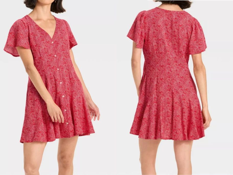 a woman wearing a red paisley Universal Thread Women's Button-Front Mini Dress