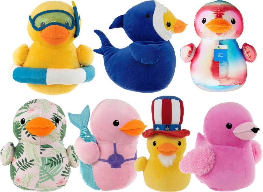 seven plush ducks dressed in seven different summer related themes