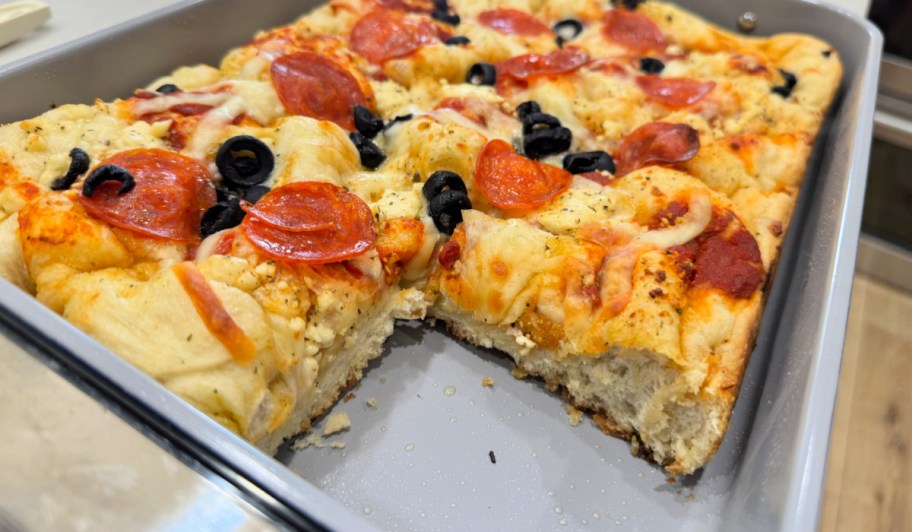 easy pizza focaccia bread in a baking pan using Rhodes dinner rolls 