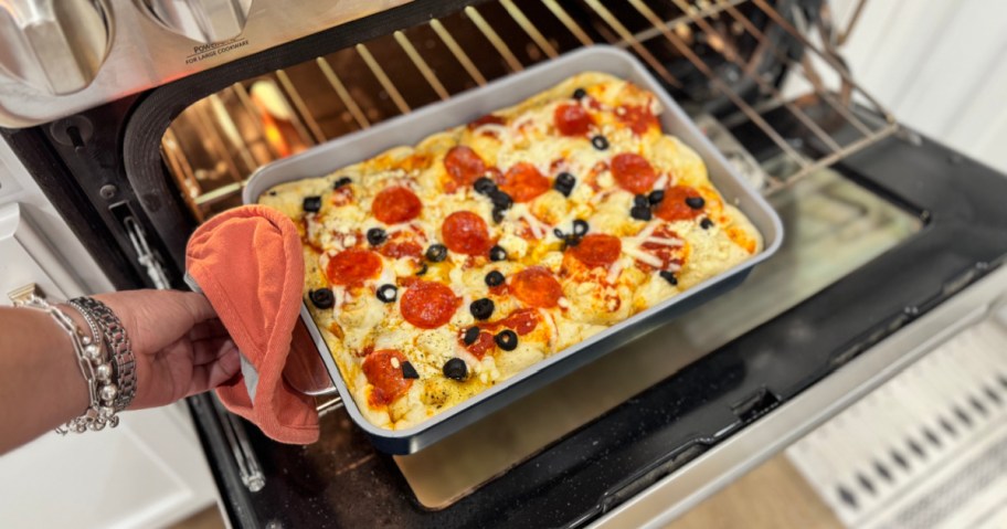 easy focaccia bread in the oven baking 