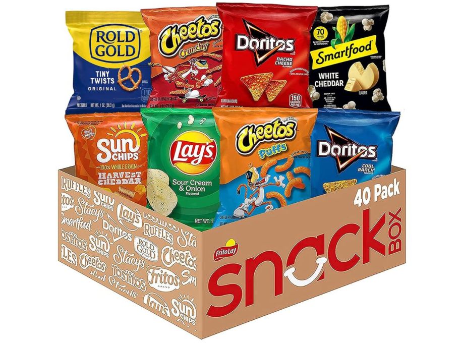 Frito-Lay Fun Times Mix Variety Pack 40-Count box with rold gold, cheetos, doritos, smartfood, sun chips, and lays in it