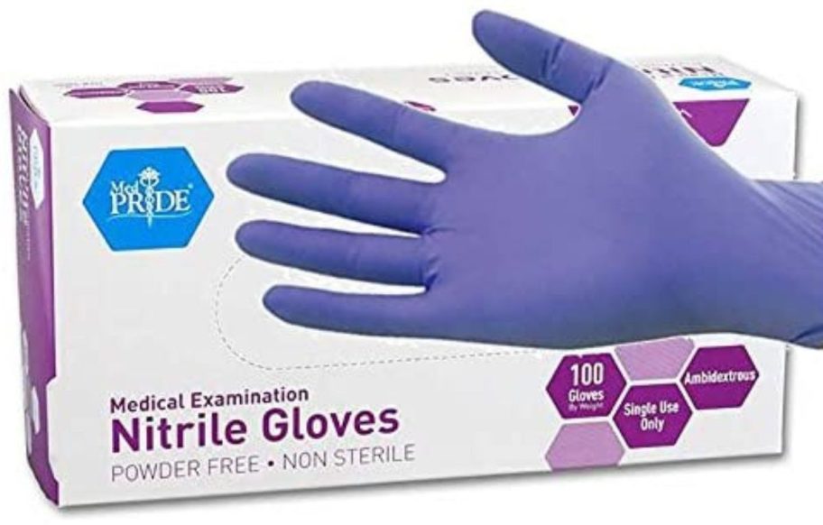 MedPride Powder-Free Nitrile Exam Gloves 100-Count - Medium box with gloved hand above it