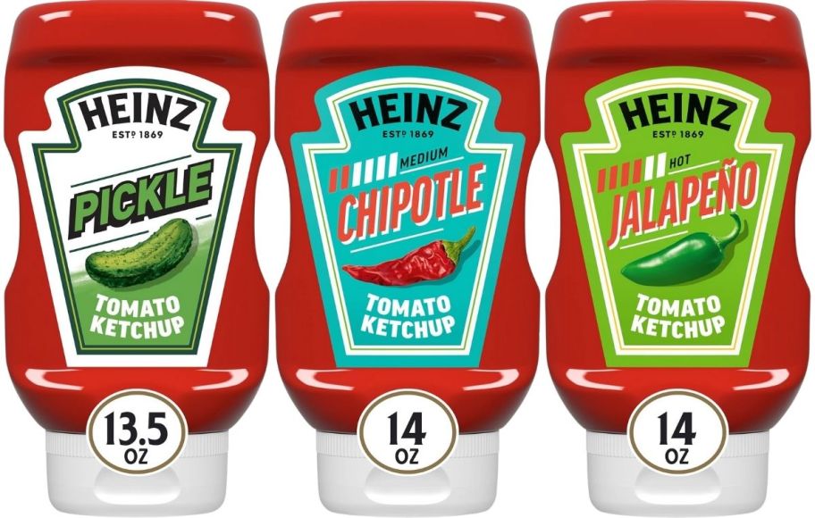 three bottle of flavored ketchup