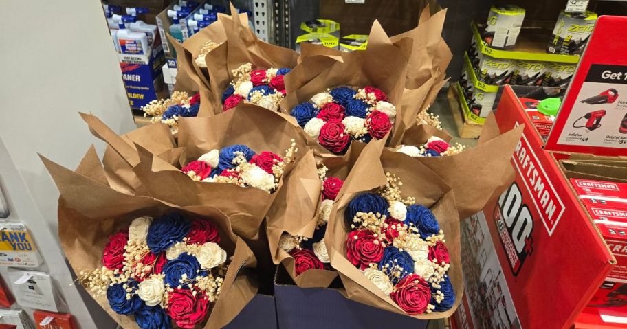 red white and blue paper roses bouquets